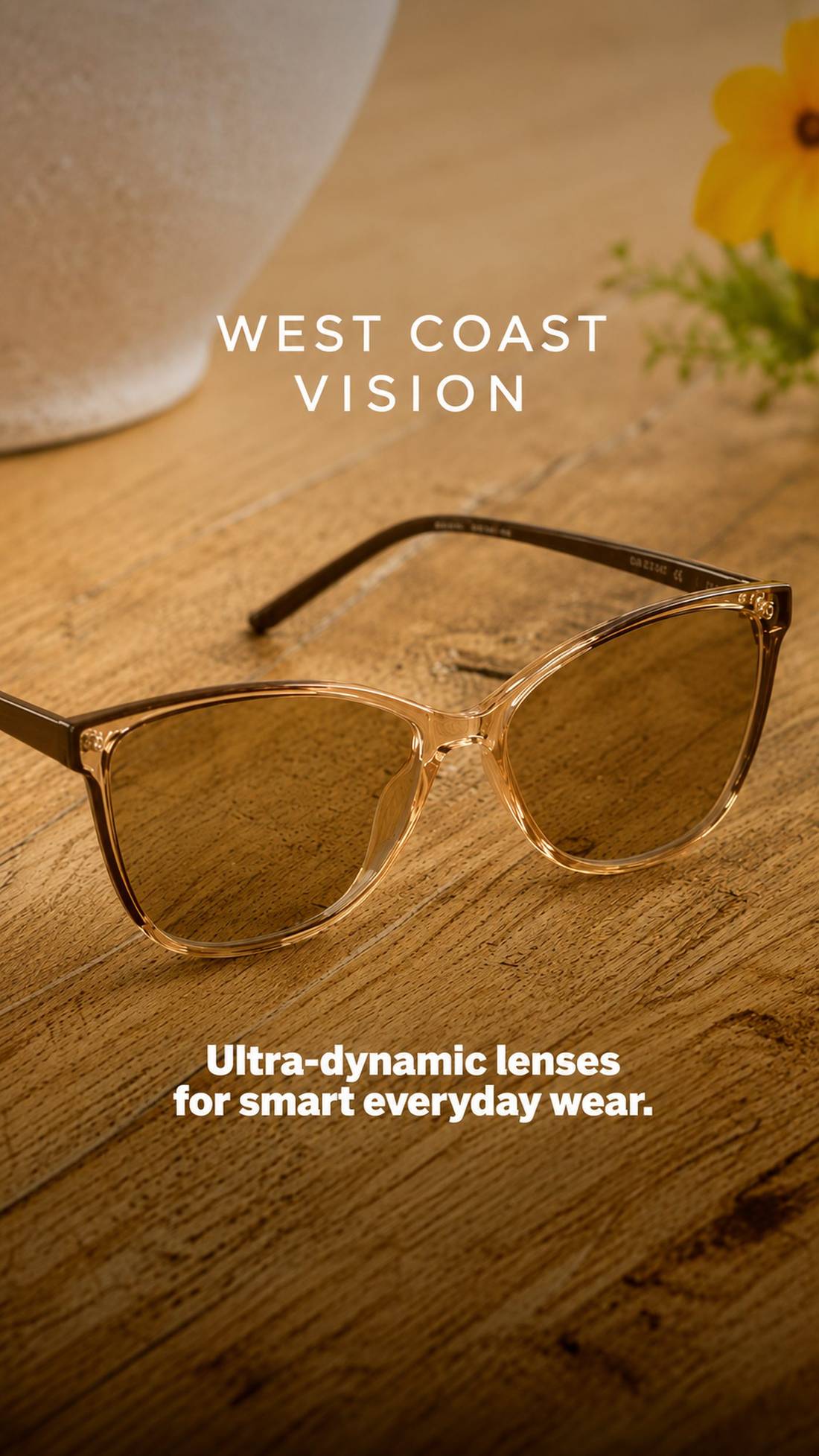 West Coast Vision glasses on a wood table