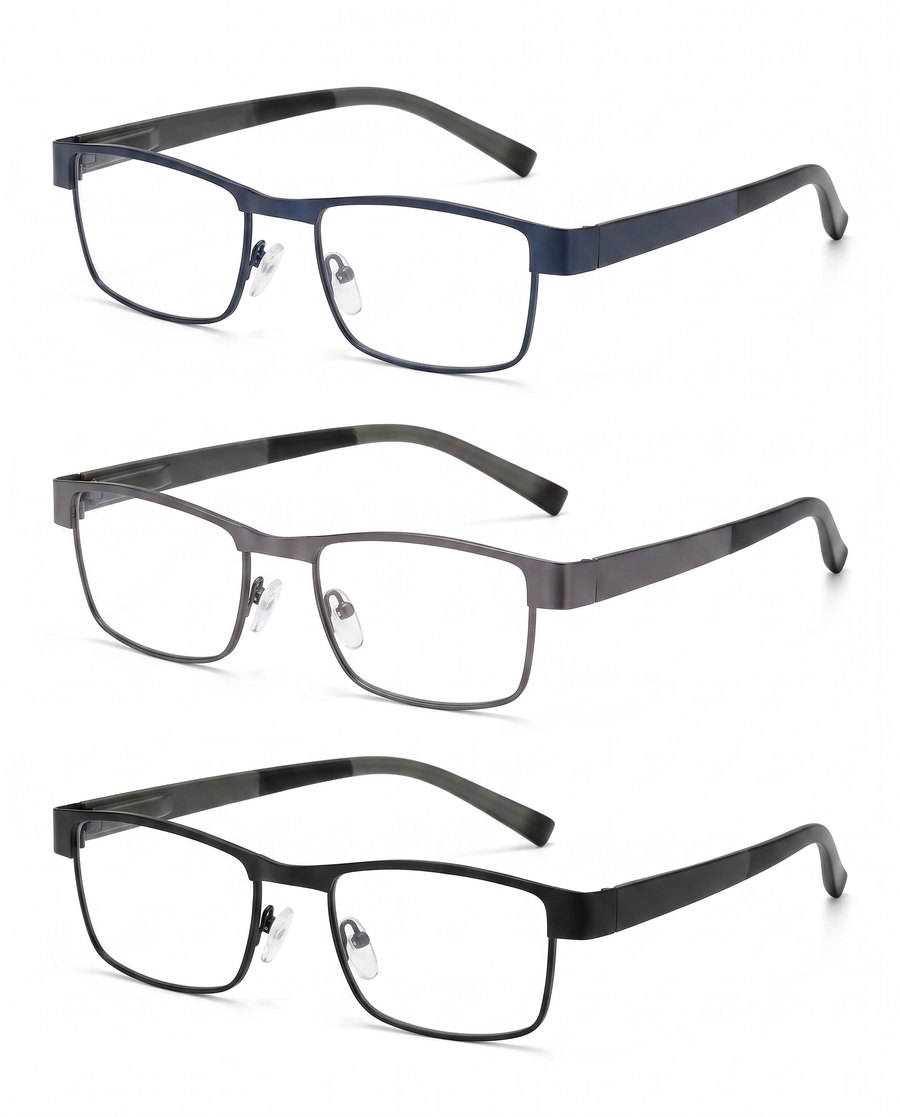 Metal collection — navy, gunmetal, and black rectangular metal frames