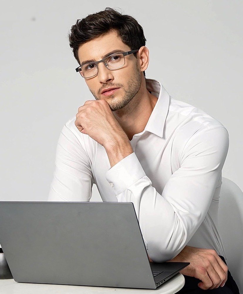 Slim metal frames worn at the office