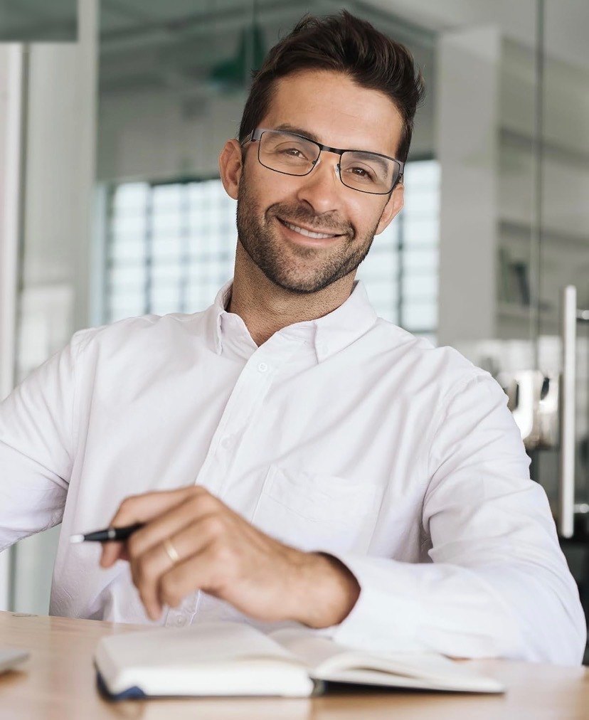 Rectangular frames worn with a smile